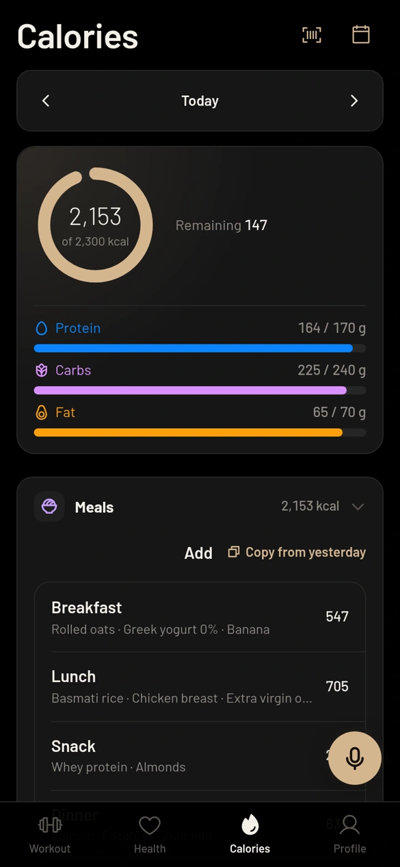 Brawn: nutrition, screen with demo data